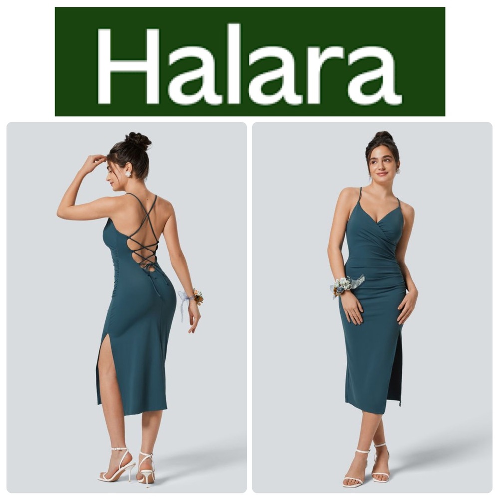 HALARA Green SoftlyZero Airy Crossover Ruched Lace Up Bodycon Cool Touch Dress